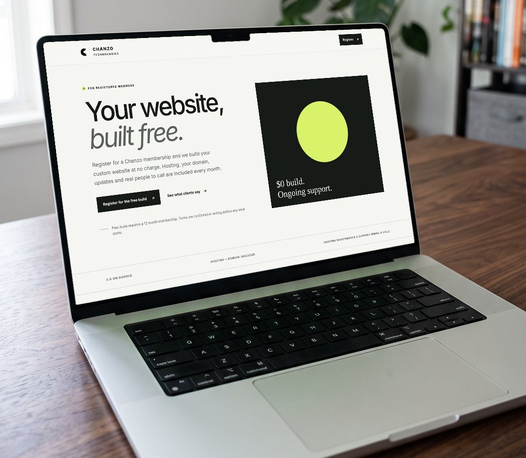 A MacBook on a desk showing a finished Chanzo-built website